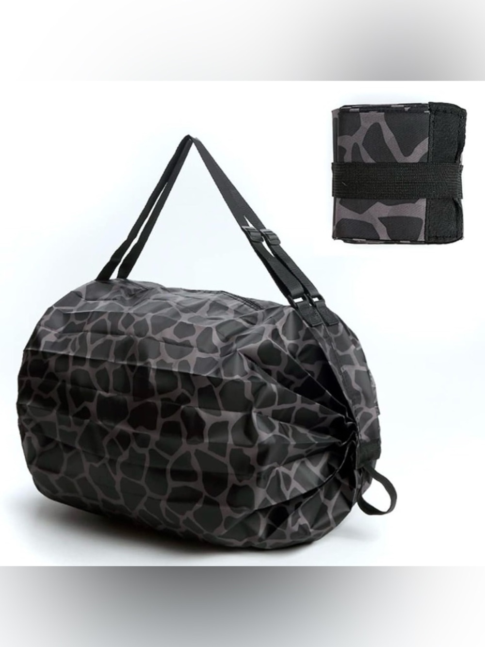 Set of (2) Black & Grey Giraffe Print Foldable Travel Duffel Bag